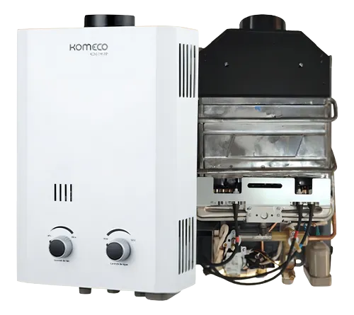Aquecedor Komeco — vista externa e componentes internos, ideal para conserto e manutenção