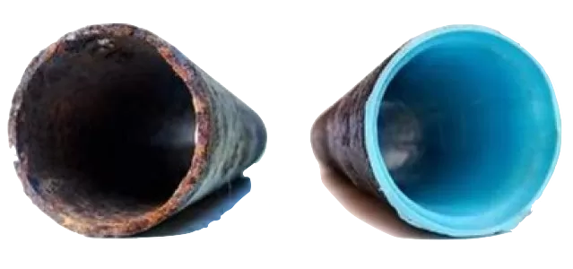 Tubulação antes e depois — reabilitação com resina para rede de gás